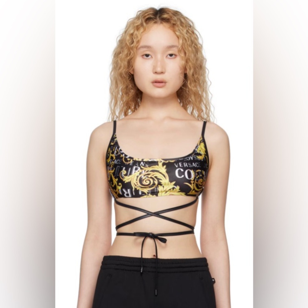 NWT Versace Jeans Couture Black Logo Print Wraparound Crop Bra Top Sz IT40 (S)